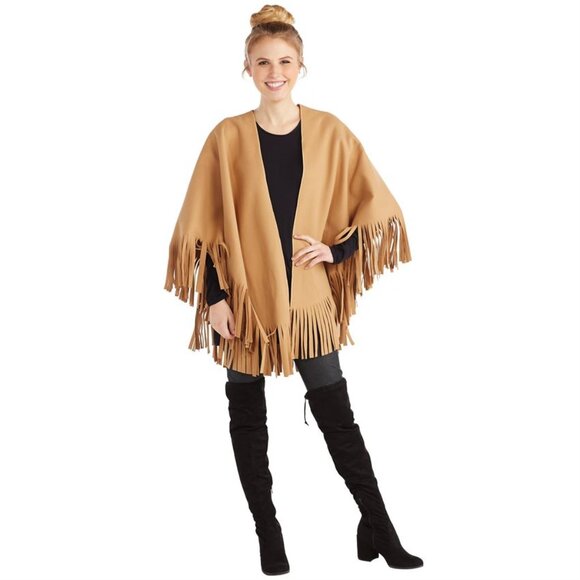 Mud Pie Women's Tan Hallsey Fringe Poncho One Size fits most NEW - Picture 1 of 1